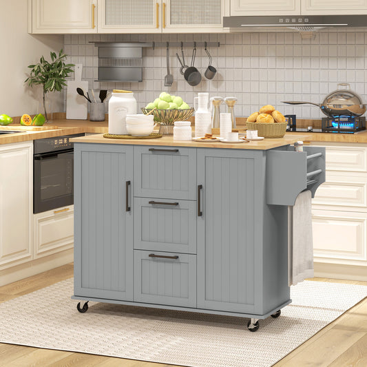 Rolling Kitchen Cart with Drop Leaf, 3 Drawers and Solid Wood Top, Grey