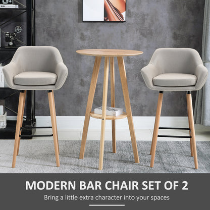 Bar Stools with Linen Fabric and Beech Wood Legs, Beige (Set of 2)