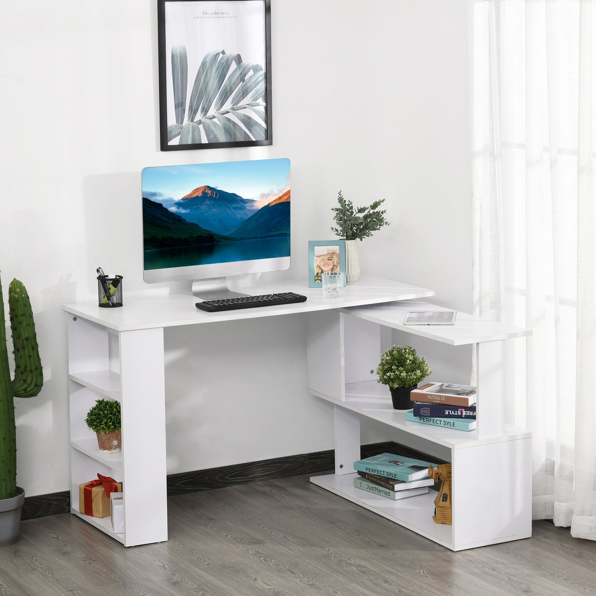 47" Rotating L-Shaped Computer Desk with Storage Shelves, White
