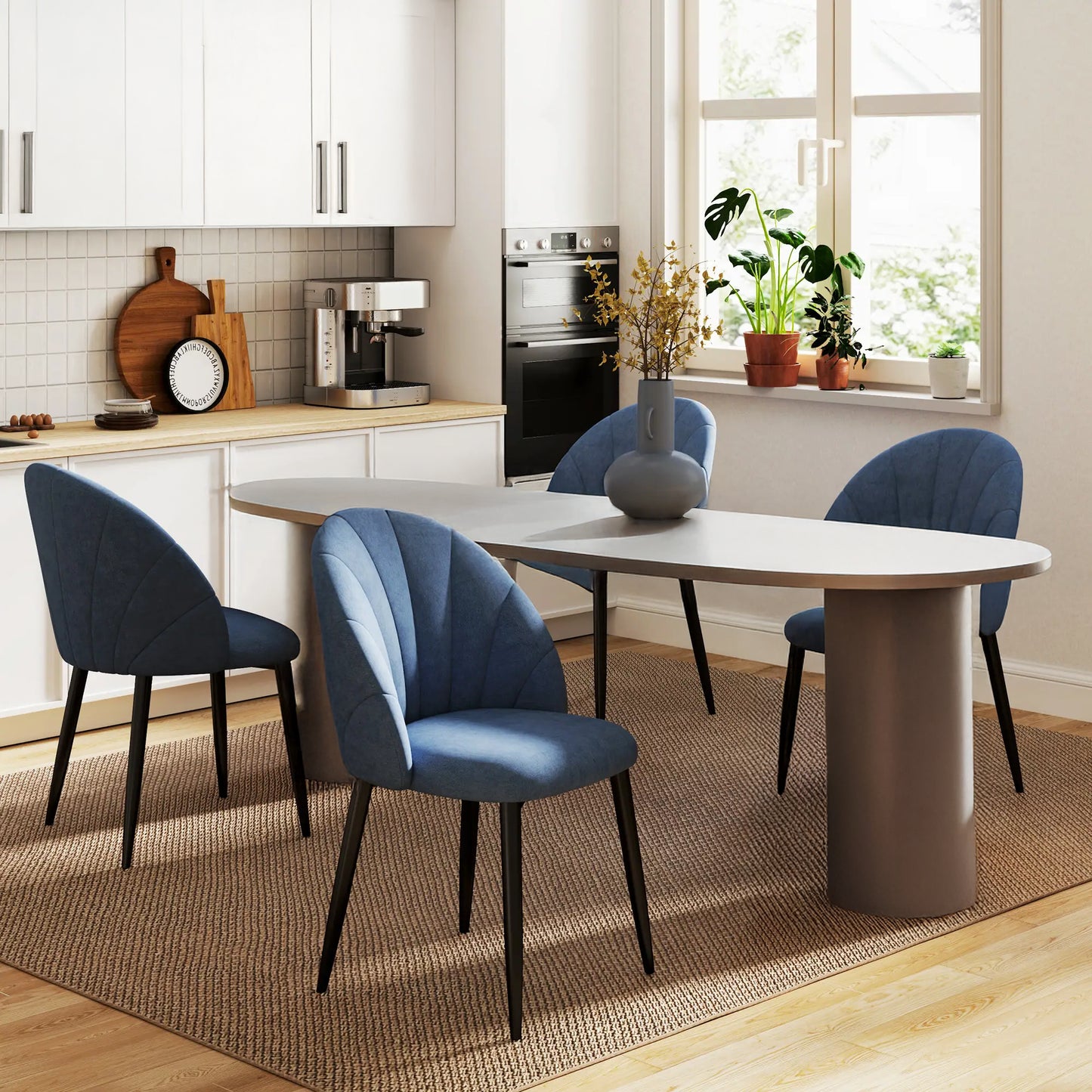 Upholstered Dining Chairs with Shell Backrest and Metal Legs, Blue (Set of 4)