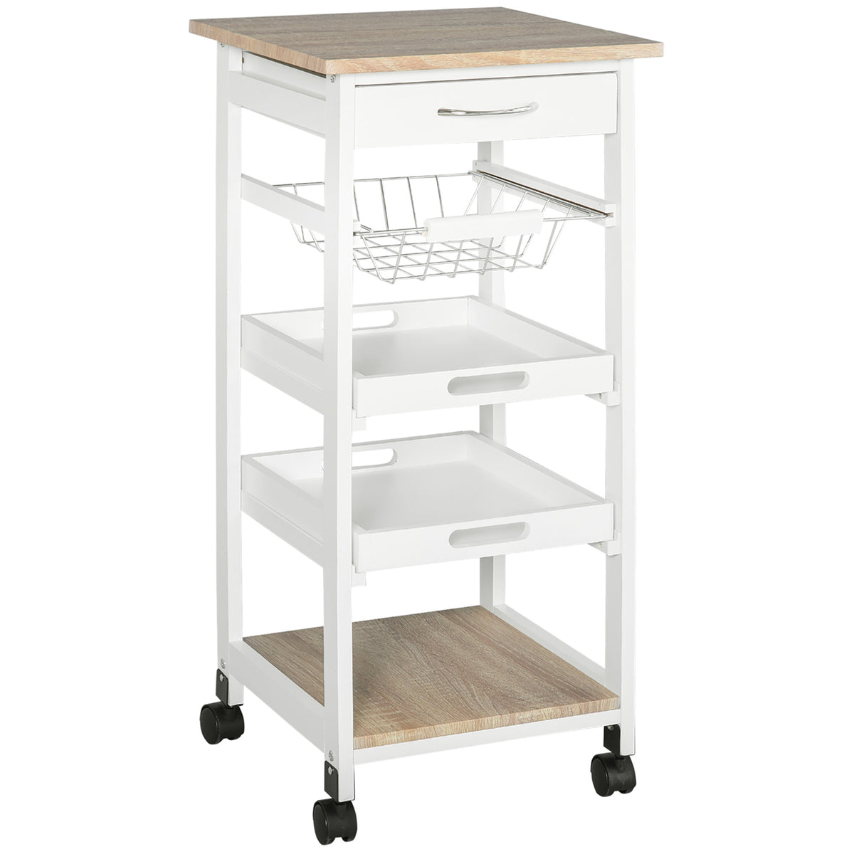 Rolling Kitchen Utility Cart with Drawer and Wire Basket, White