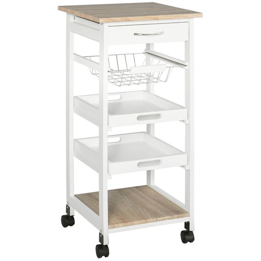 Rolling Kitchen Utility Cart with Drawer and Wire Basket, White