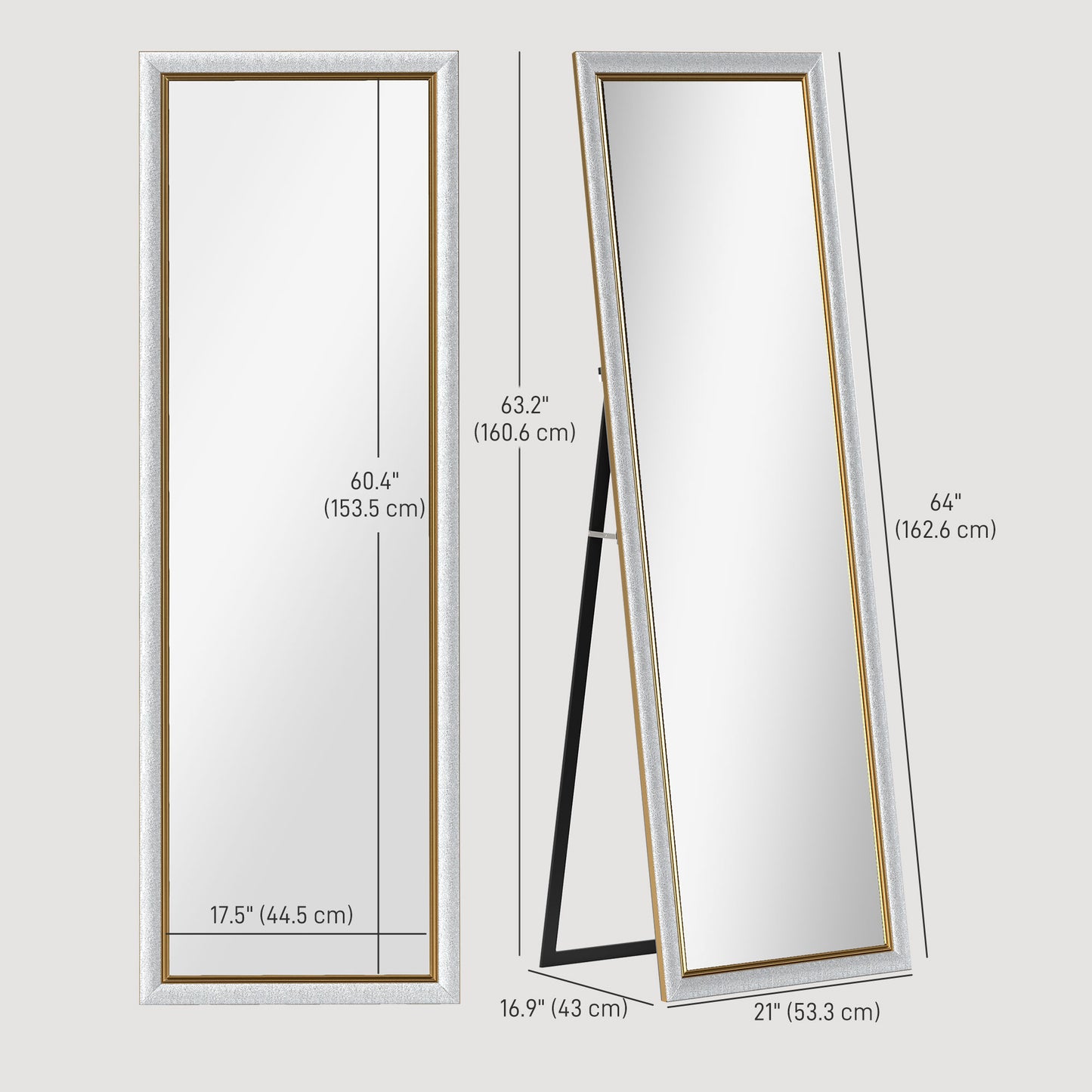 Full Length Floor Mirror with Silver Frame, 64" x 21", Versatile Standing, Leaning or Wall Mount