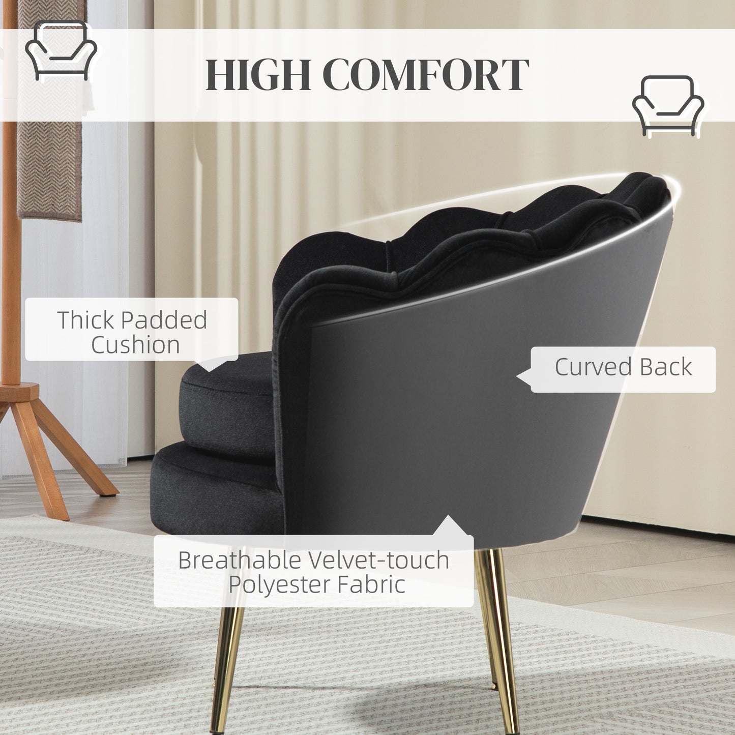 Modern Velvet Accent Chair with Lotus Backrest and Gold Legs, Black