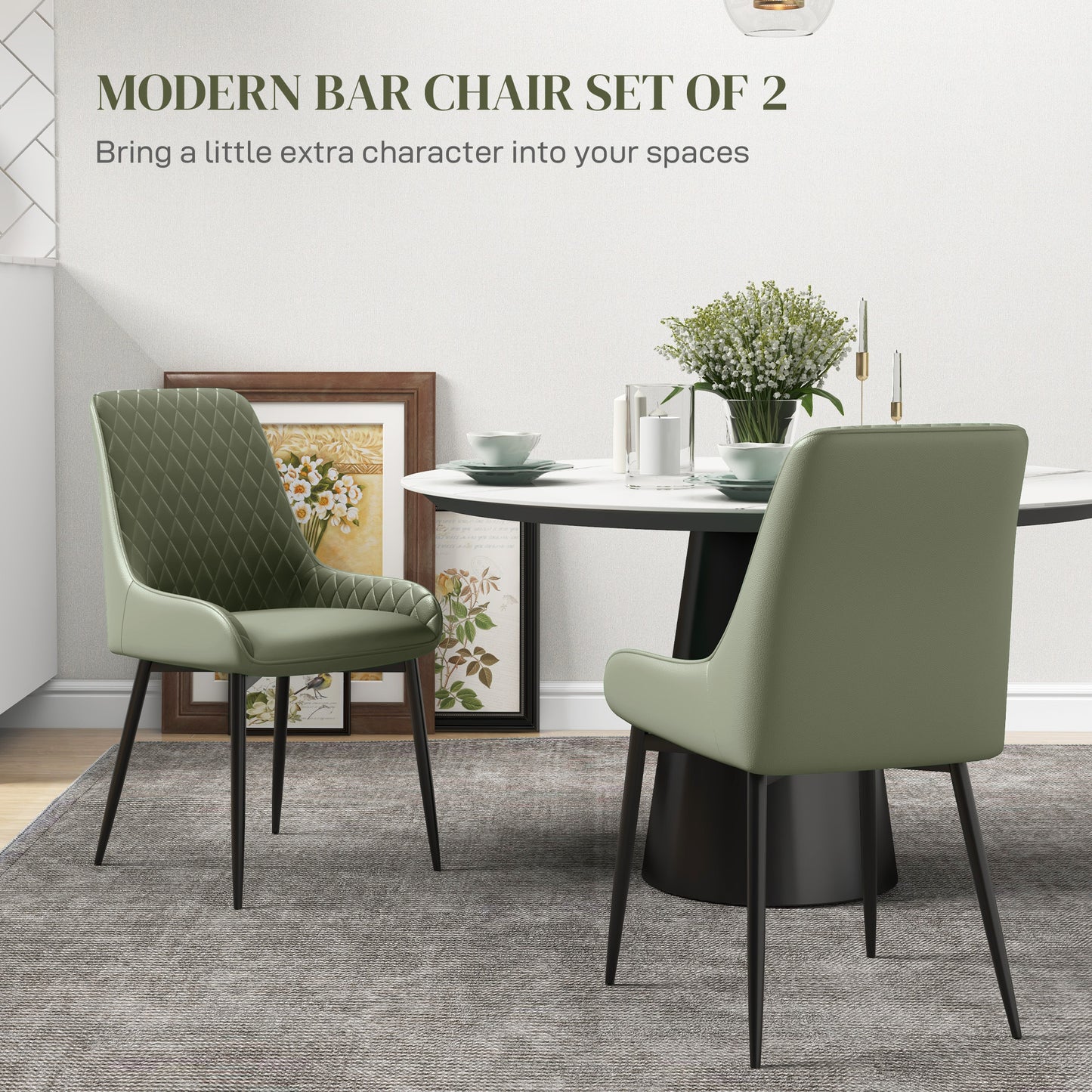 PU Leather Dining Chairs with Diamond Tufting and Metal Legs, Green (Set of 2)