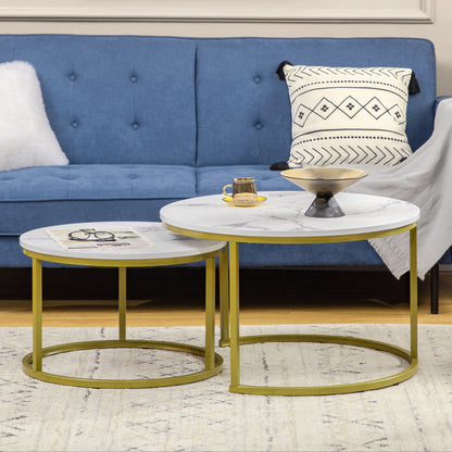 29" Round Nesting Coffee Tables with Faux Marble Top, White and Gold (Set of 2)