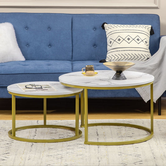 29" Round Nesting Coffee Tables with Faux Marble Top, White and Gold (Set of 2)