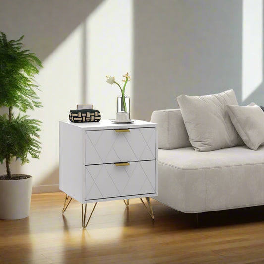 Modern Bedside Table with Gold Hairpin Legs and 2 Drawers, White