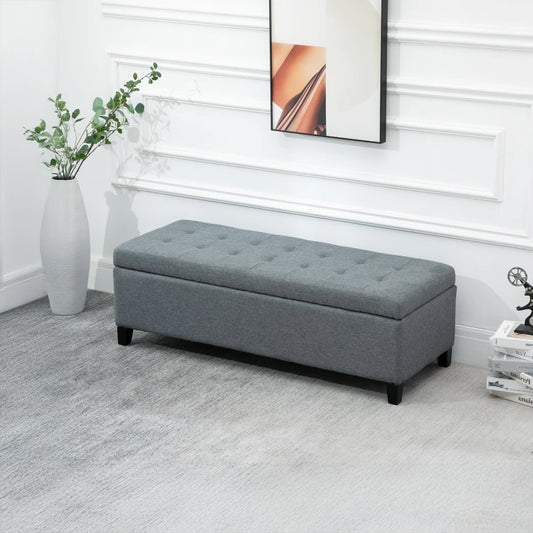 Rectangular Tufted Storage Bench with Wood Feet, Gray