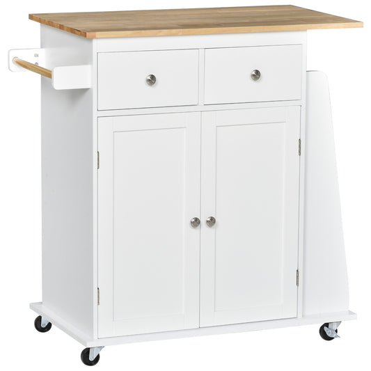 Rolling Kitchen Trolley with Rubber Wood Top and Spice Rack and Towel Rack, White