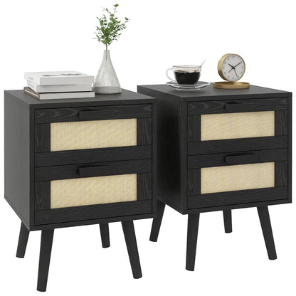 Boho Nightstands with Woven Rattan Drawers, Black (Set of 2)