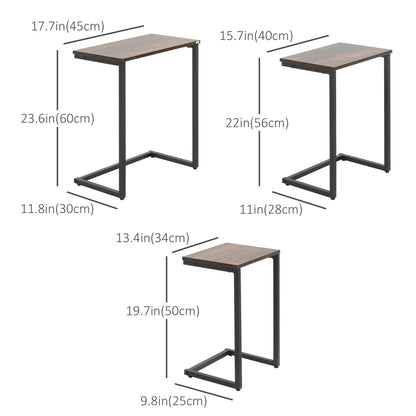 C-Shaped Nesting Side Table Set of 3 with Steel Frame - Vintage Brown