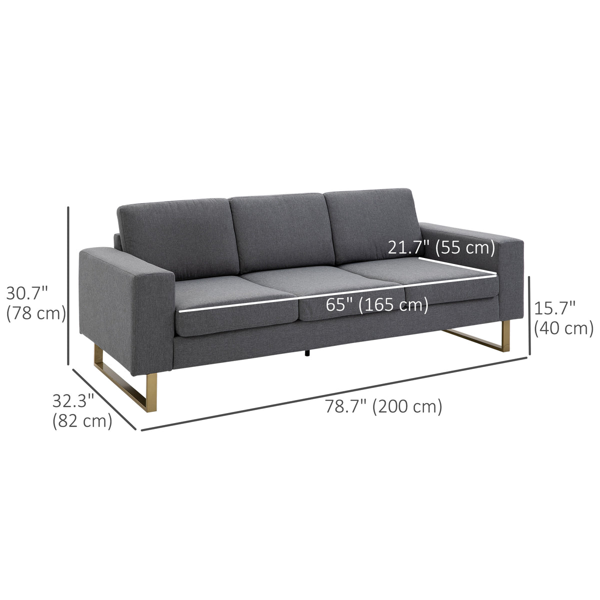 Modern Three-Seat Linen Sofa with Steel Legs, Grey