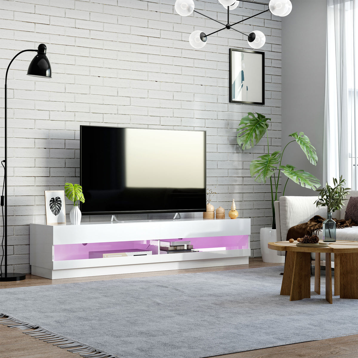 71" Lighted TV Stand with Storage for 75" TVs, High Gloss White