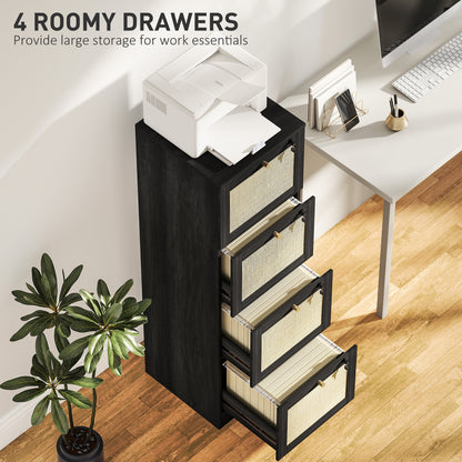 4 Drawer Filing Cabinet with Lock, Boho File Cabinet for A4 Letter Size Files with Decorative Rattan Accents, Black