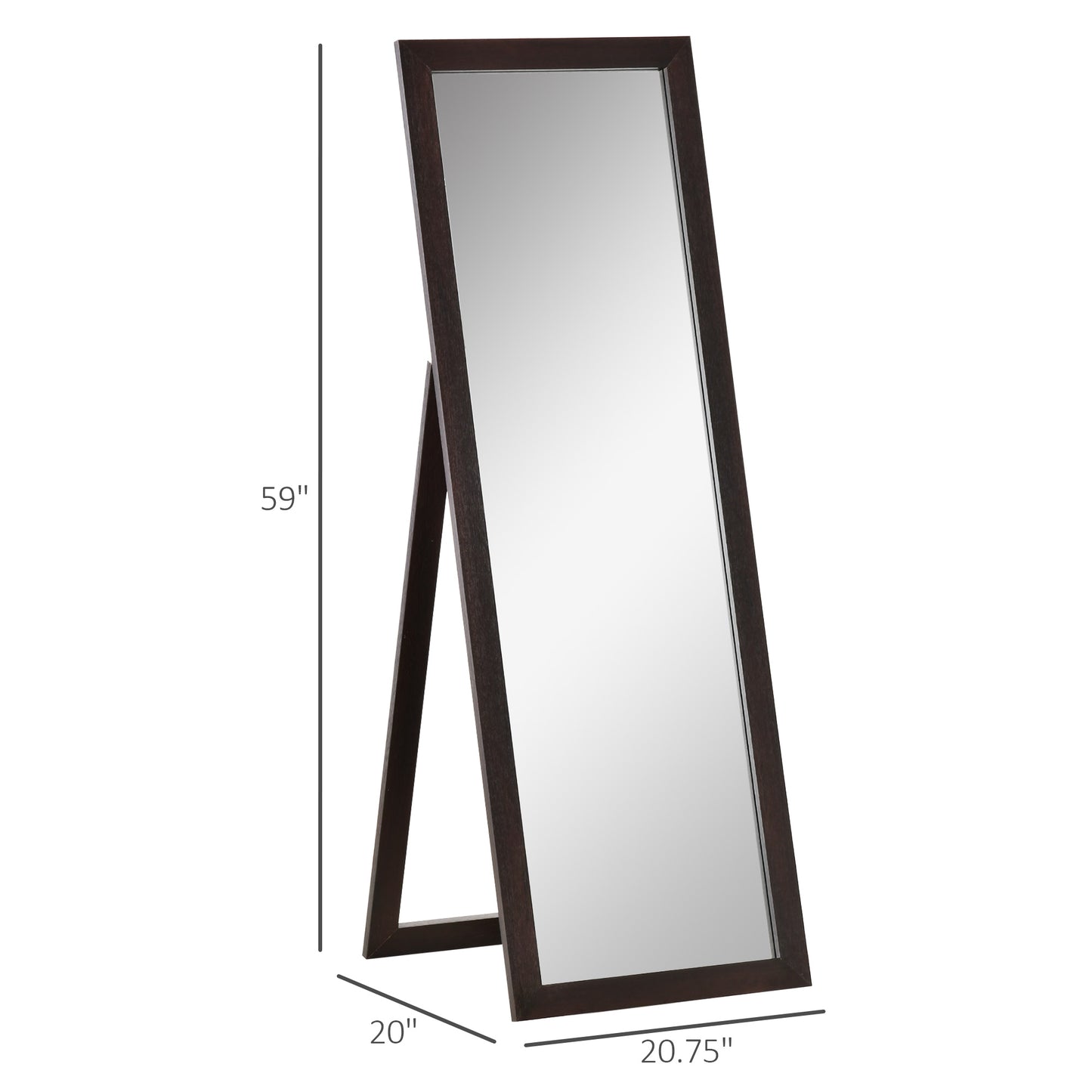 Full Length Rectangular Mirror with Brown Frame, 58" x 20", Floor Standing Design