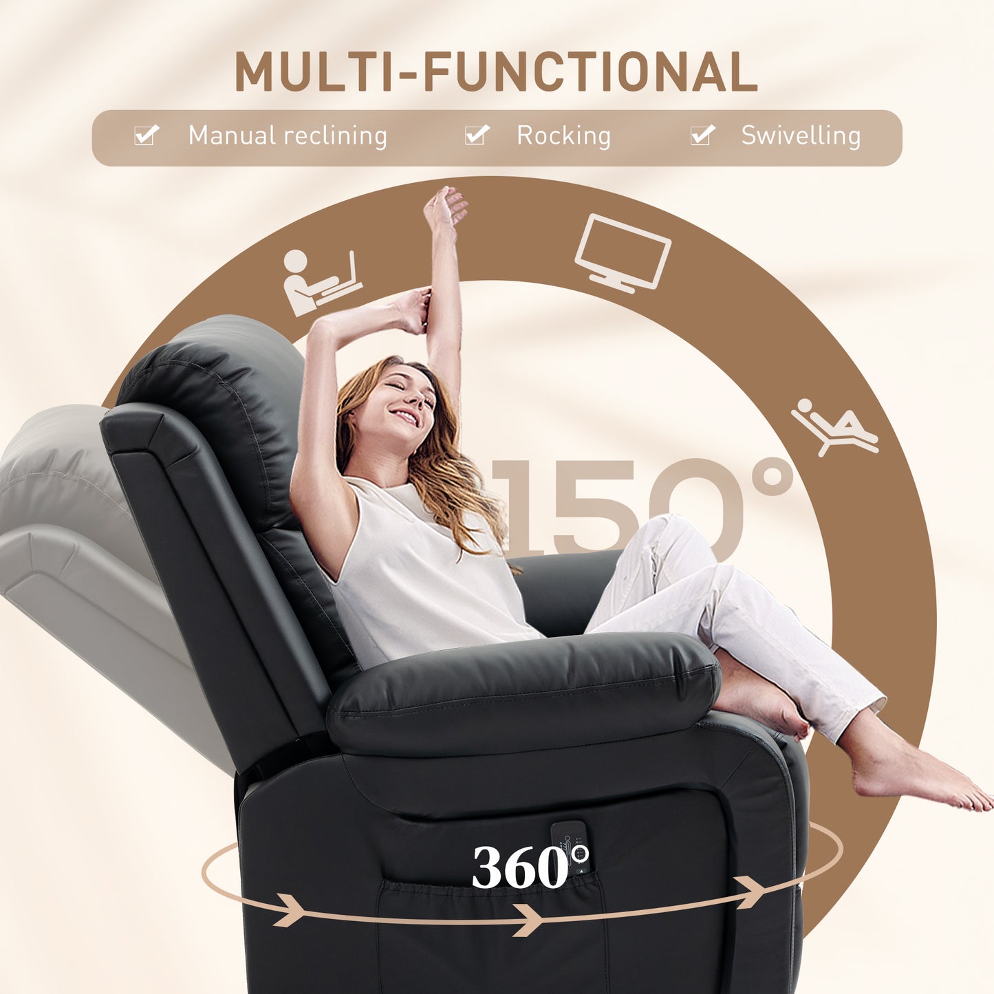 PU Leather Massage Recliner Chair with Swivel Base, Black