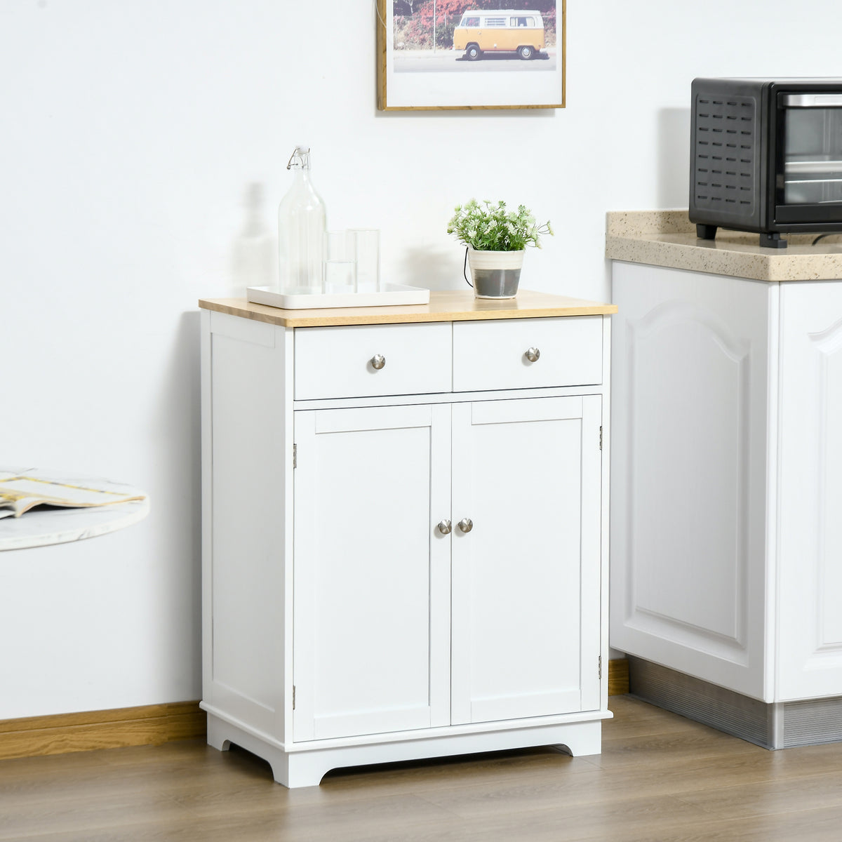 27" Sideboard Buffet Cabinet with Rubberwood Top, White