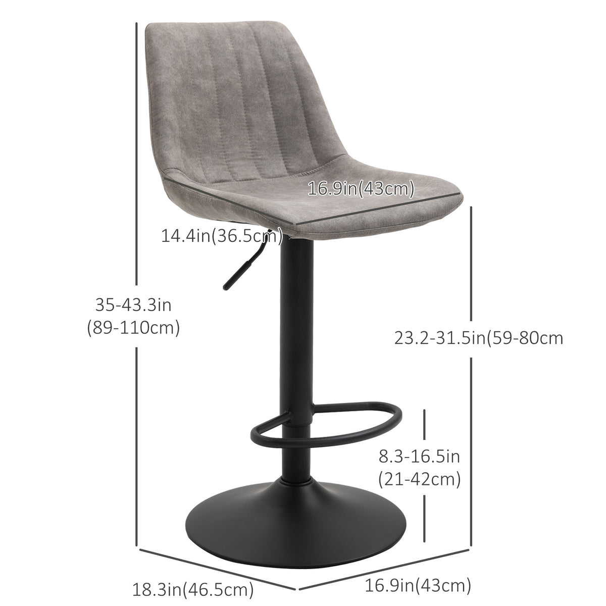 Adjustable Swivel Bar Stools with Leathaire Upholstery and Footrest, Grey (Set of 2)