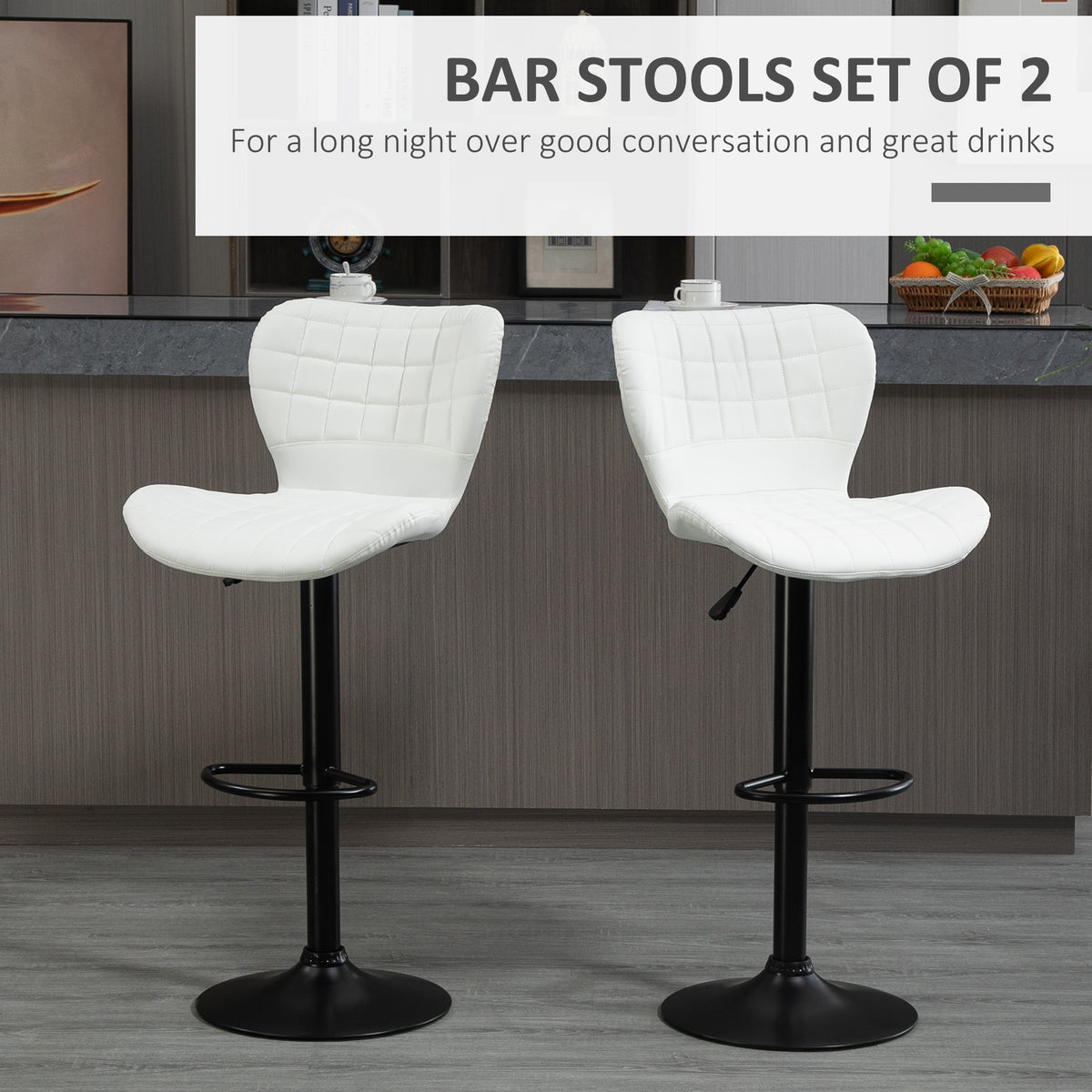 Adjustable Swivel Bar Stools with PU Leather Upholstery and Footrest, White (Set of 2)