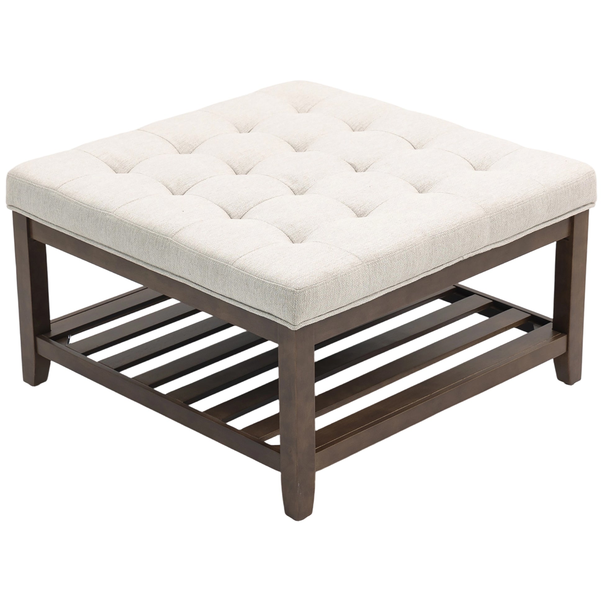 Rectangular Storage Ottoman with Tray Top, Beige