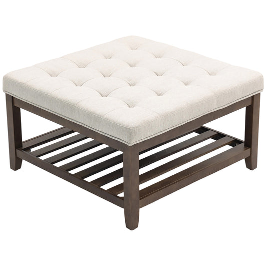 Rectangular Storage Ottoman with Tray Top, Beige
