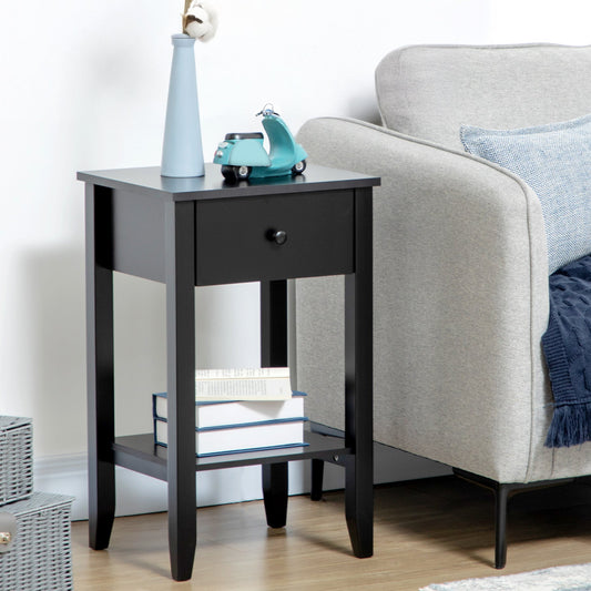 2-Tier Side Tables with Drawer and Shelf, Black (Set of 2)