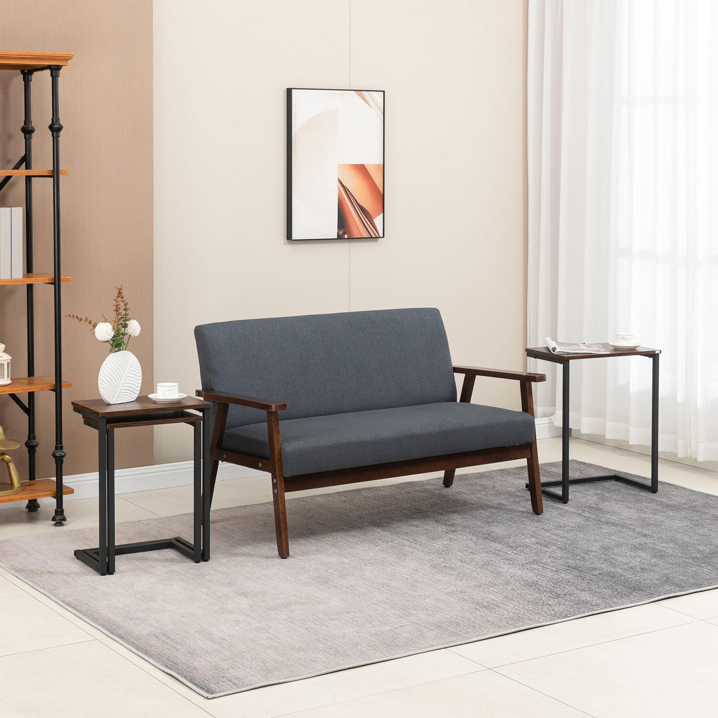 C-Shaped Nesting Side Table Set of 3 with Steel Frame - Vintage Brown