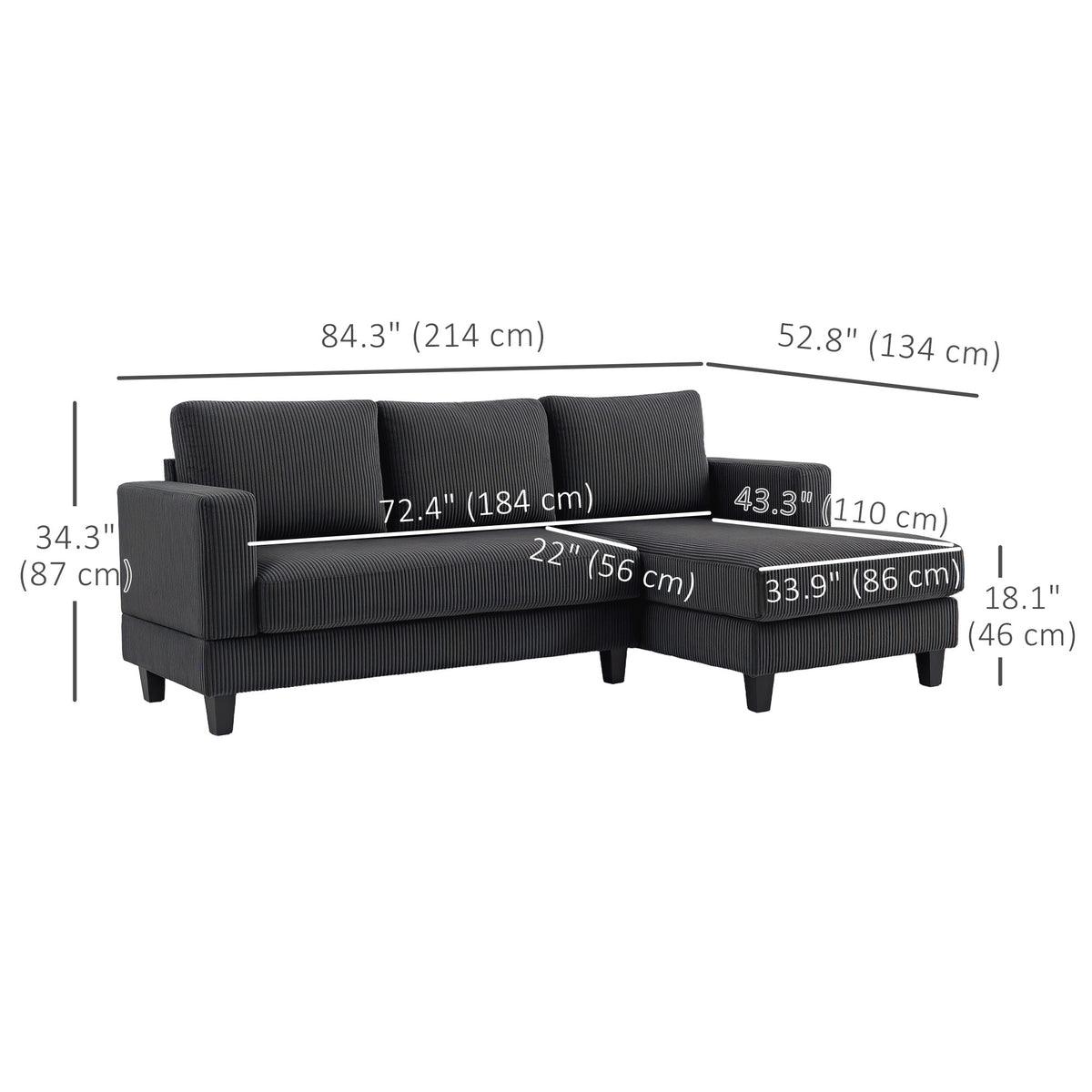 L-Shaped Sofa with Chaise Lounge, Grey