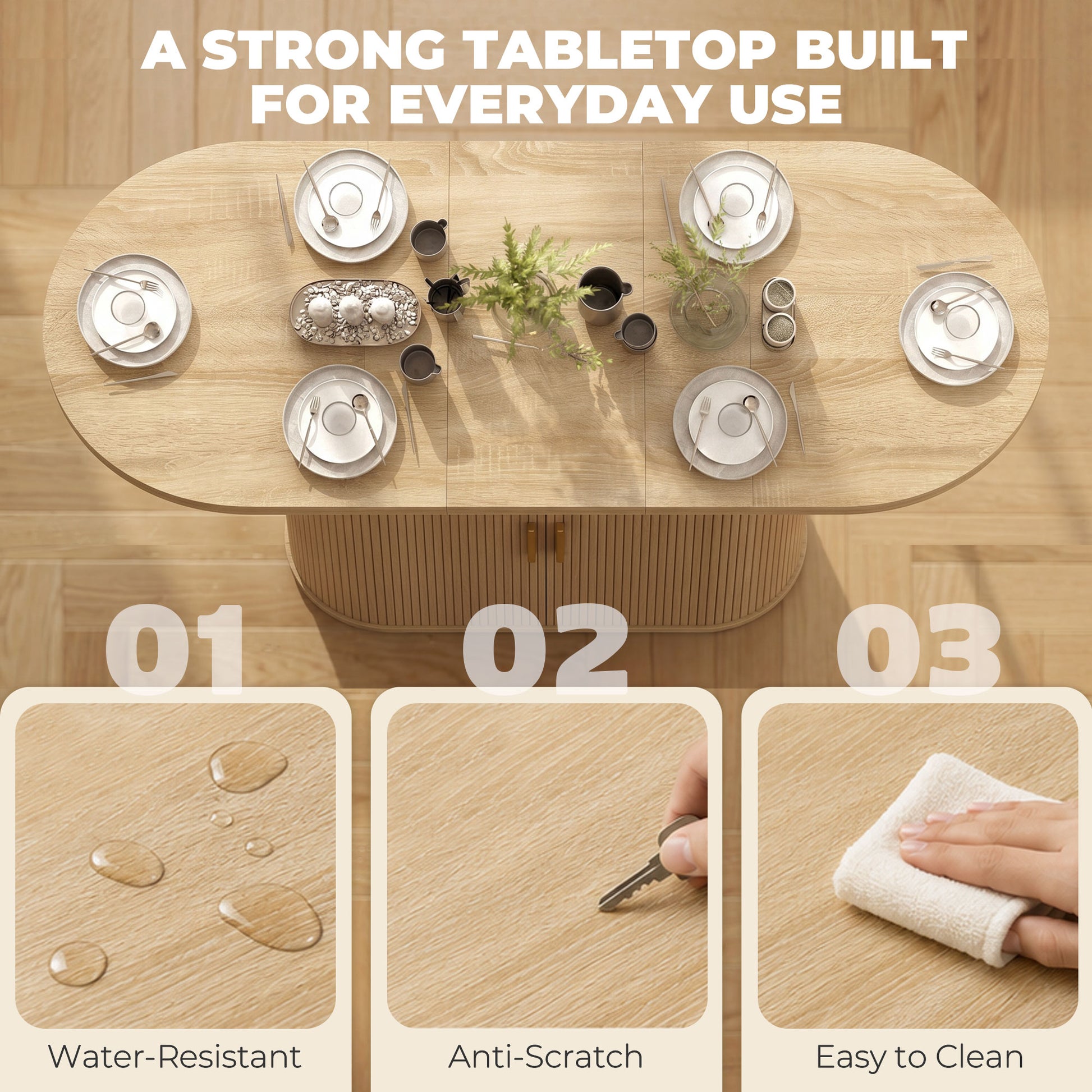 Extendable Dining Table for 6-8 People, Natural Wood