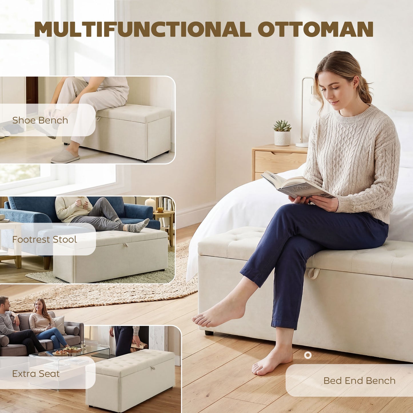 Upholstered Storage Bench with Wood Legs, Beige