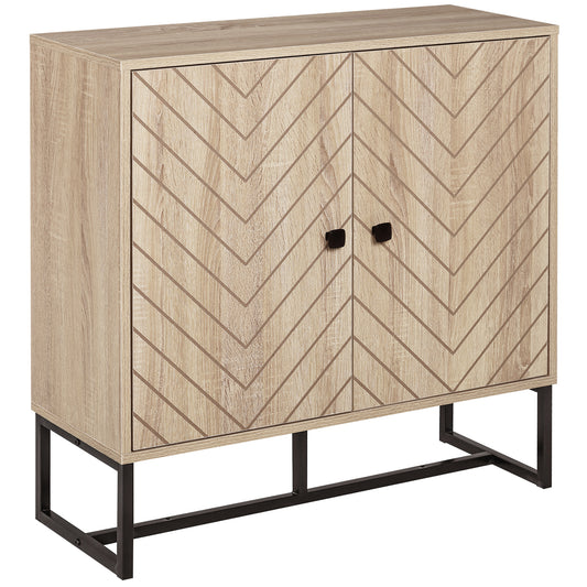 Modern Sideboard Buffet with Chevron Doors and Steel Base, Oak