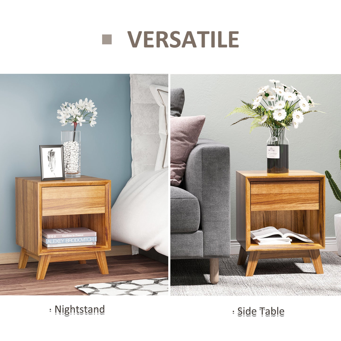 Compact Bedside Table with Drawer and Open Shelf, Walnut Brown