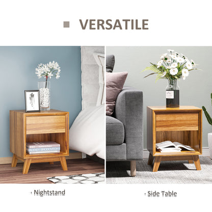Compact Bedside Table with Drawer and Open Shelf, Walnut Brown