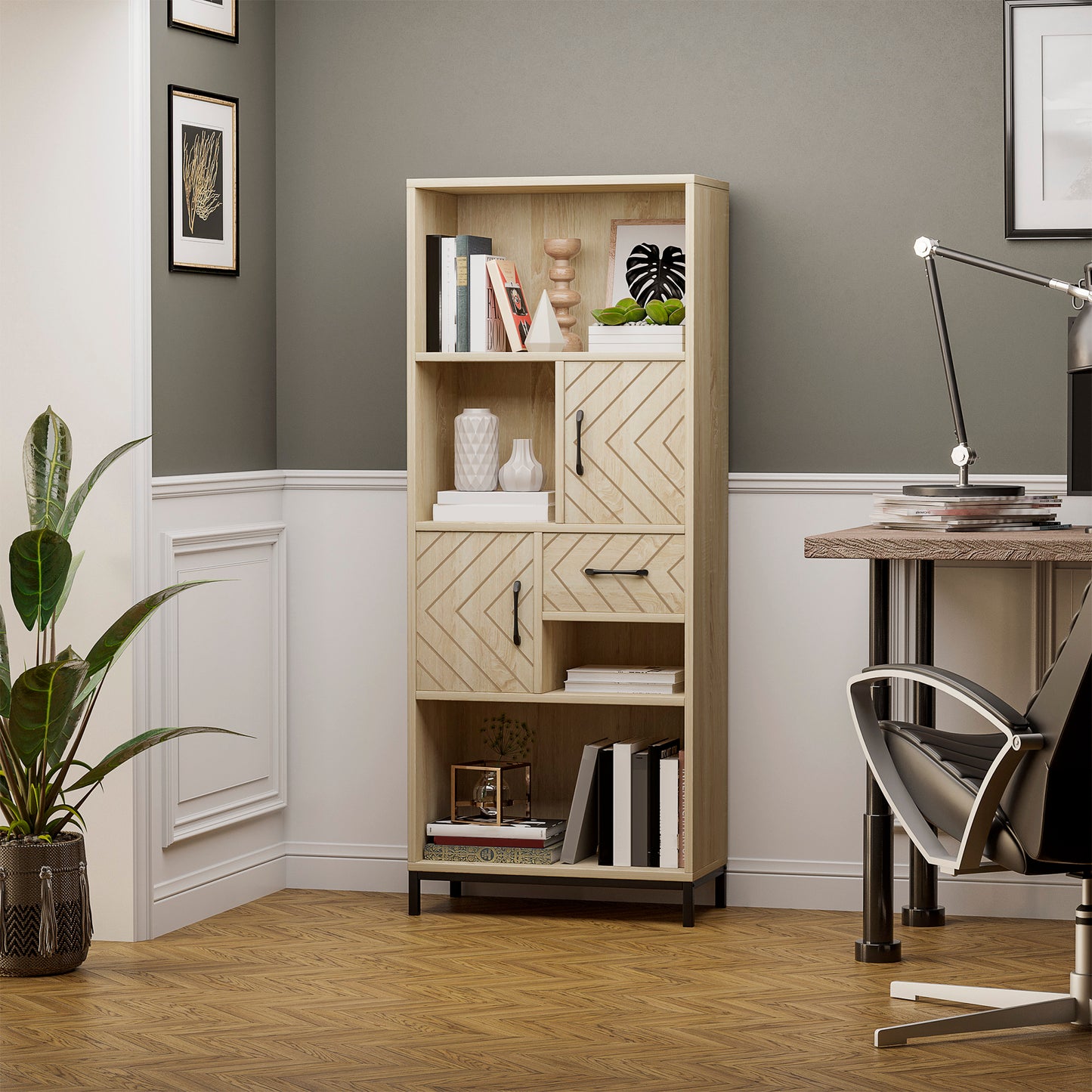 59" Storage Bookcase with Cabinets and Drawer, Natural Wood