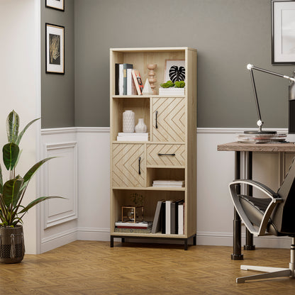 59" Storage Bookcase with Cabinets and Drawer, Natural Wood