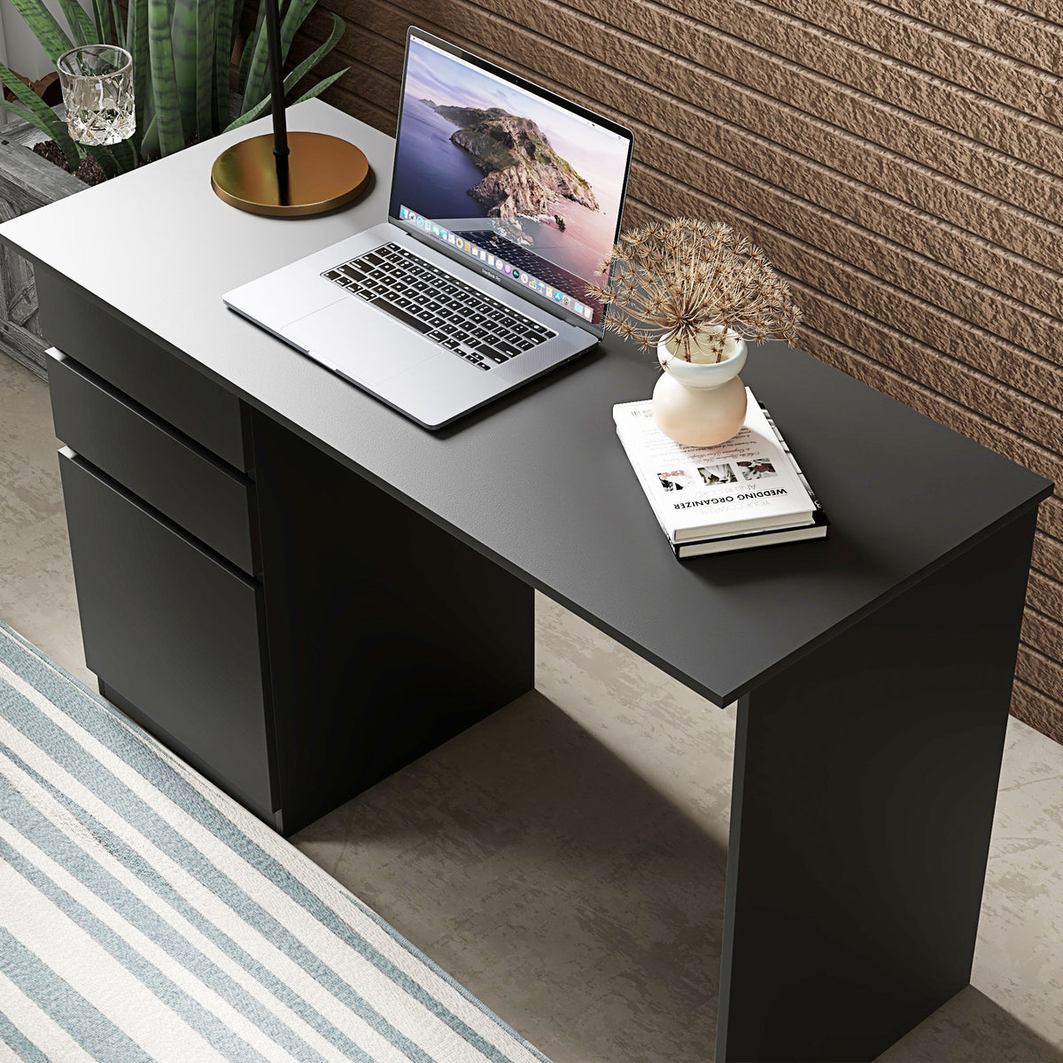 Computer Desk with Drawers and Storage Cabinet, Black