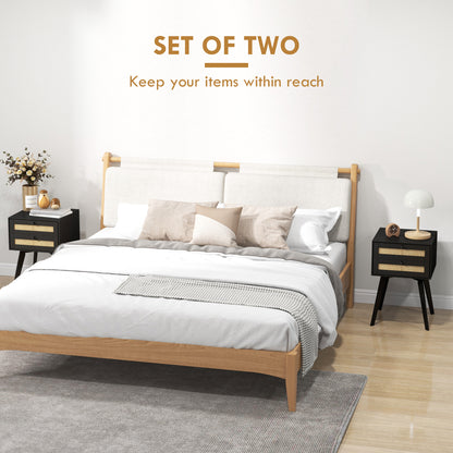 Boho Square Nightstands with 2 Rattan Drawers, Black (Set of 2)