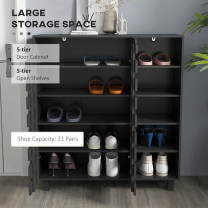 21 Pair Shoe Storage Cabinet with Double Doors and Open Shelves, Black