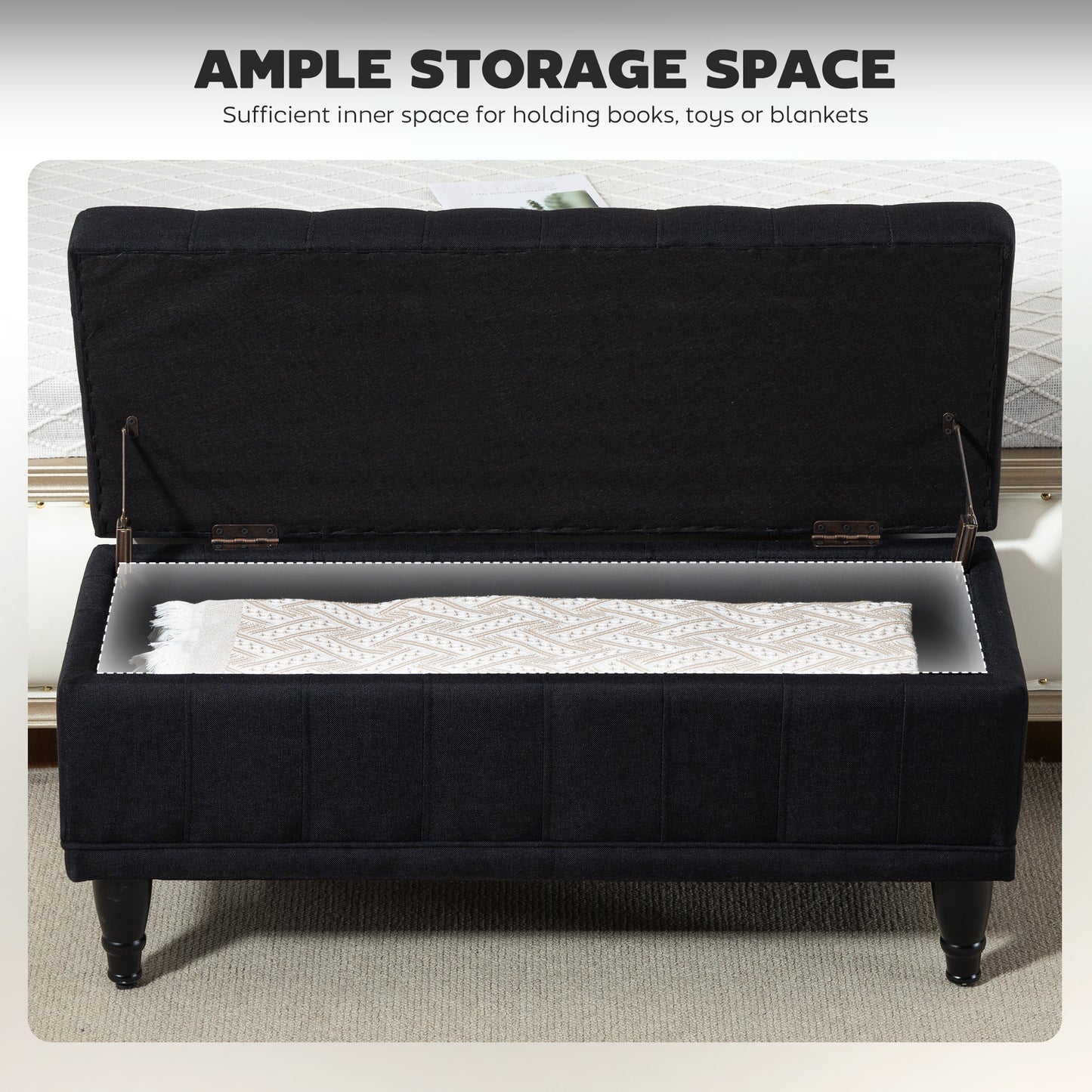 Upholstered End-of-Bed Bench with Wood Legs, Black