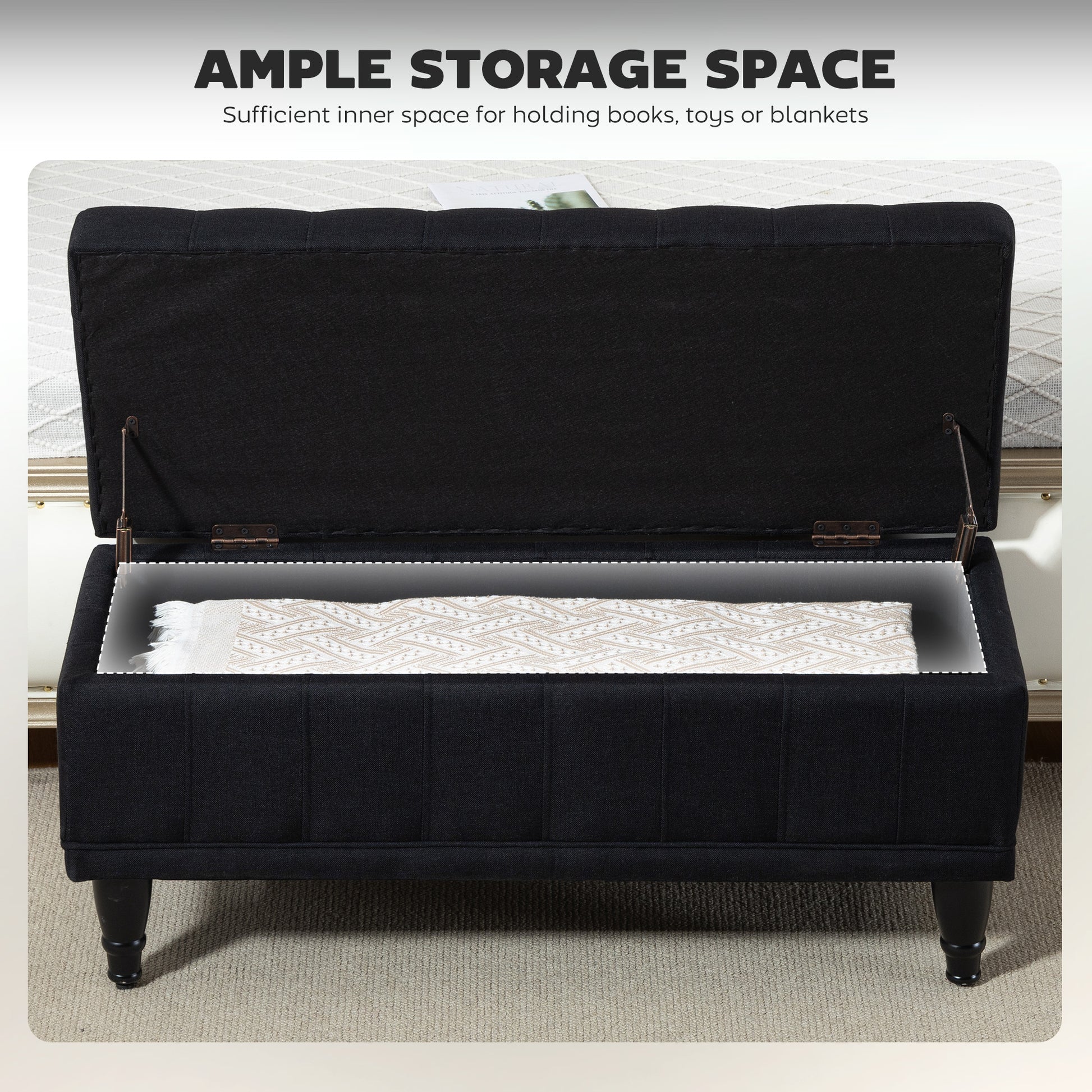 Upholstered End-of-Bed Bench with Wood Legs, Black